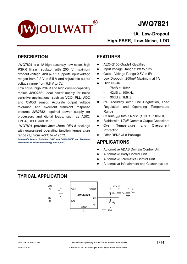 JWQ7821 1A High-PSRR Low-Noise LDO by JoulWatt - Datasheet Preview
