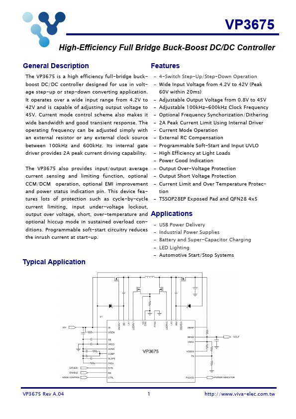 VP3675 High-Efficiency Full Bridge Buck-Boost DC/DC Controller by Viva Electronics - Datasheet Preview