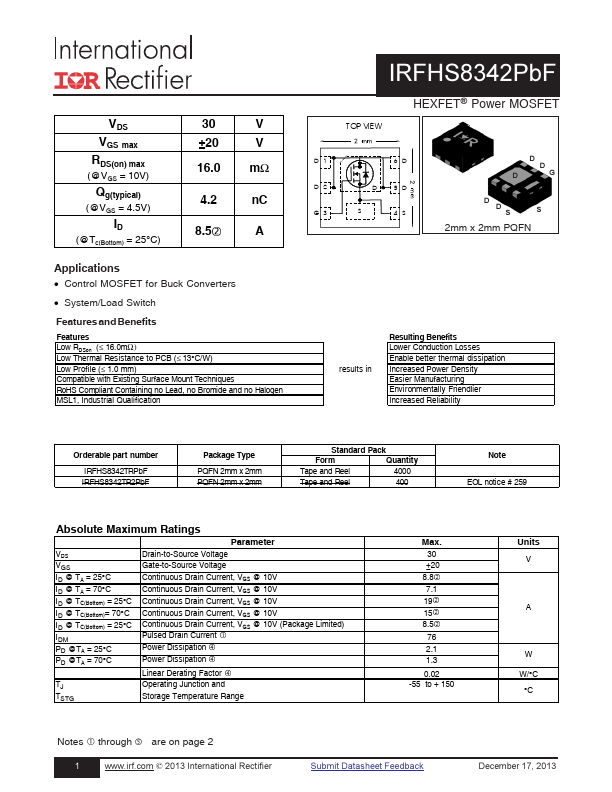IRFHS8342 Datasheet Preview