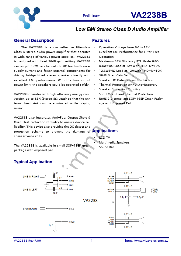 VA2238B Low EMI Stereo Class D Audio Amplifier by Viva Electronics - Datasheet Preview