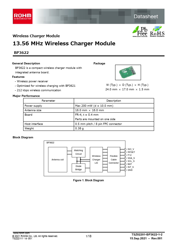 BP3622 13.56MHz Wireless Charger Module by ROHM - Datasheet Preview