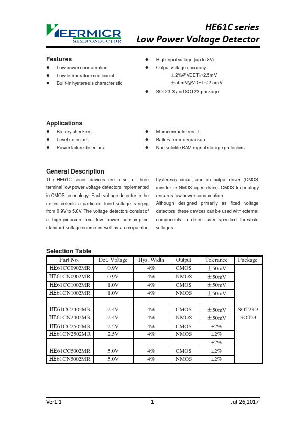 HE61CC5002MR Low Power Voltage Detector by HEERMICR - Datasheet Preview