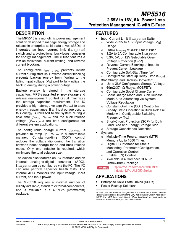 MP5516 6A Power Loss Protection Management IC by MPS - Datasheet Preview