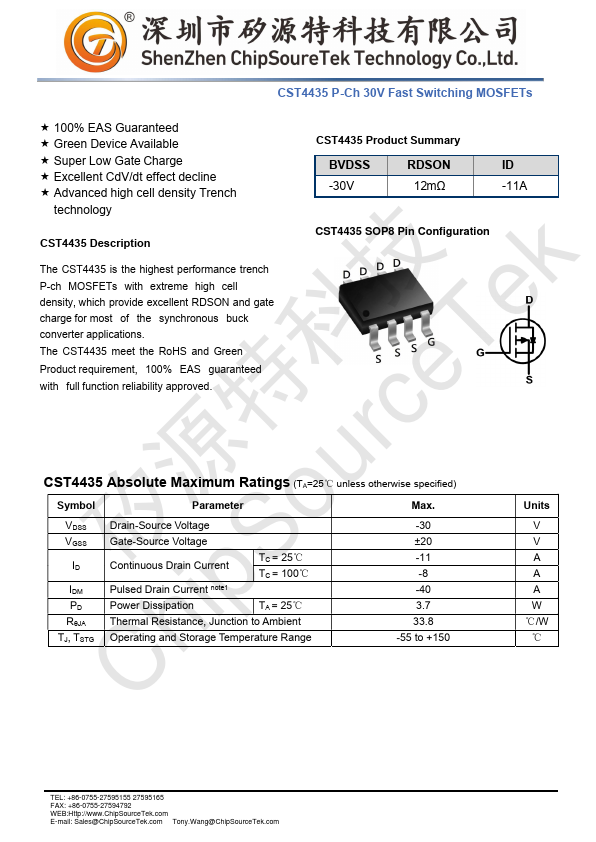 CST4435 P-Ch 30V Fast Switching MOSFETs by ChipSourceTek - Datasheet Preview