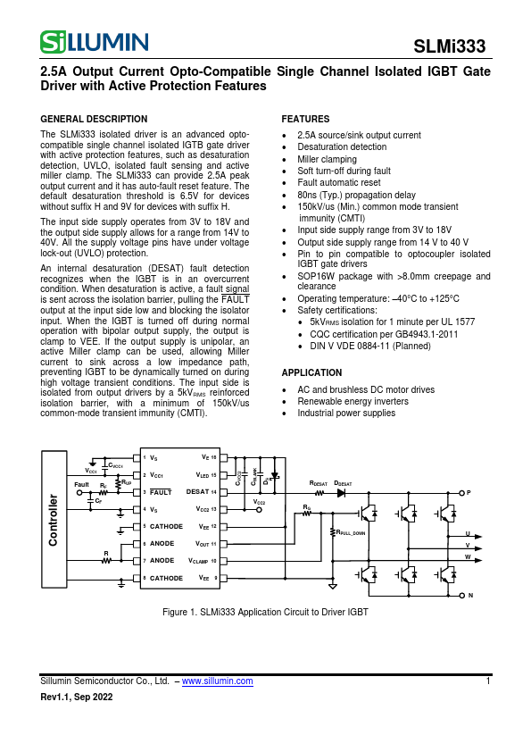 SLMi333 2.5A Output Current Opto-Compatible Single Channel Isolated IGBT Gate Driver by Sillumin - Datasheet Preview