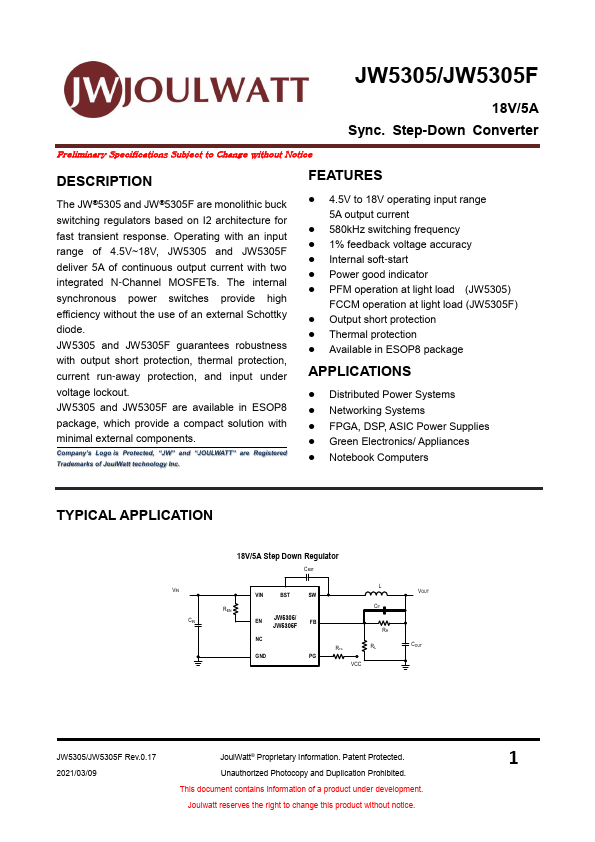 JW5305F 18V/5A Sync. Step-Down Converter by JoulWatt - Datasheet Preview
