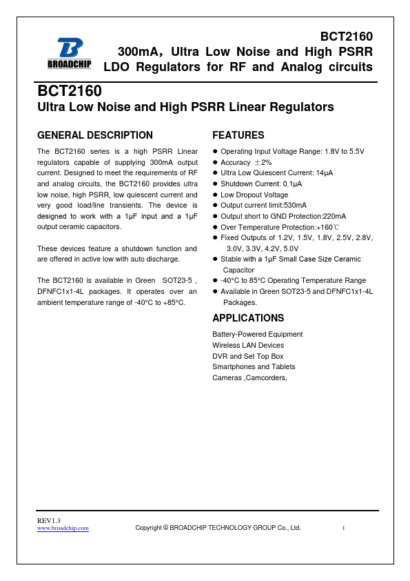 BCT2160 300mA Ultra Low Noise and High PSRR LDO Regulators by BROADCHIP - Datasheet Preview