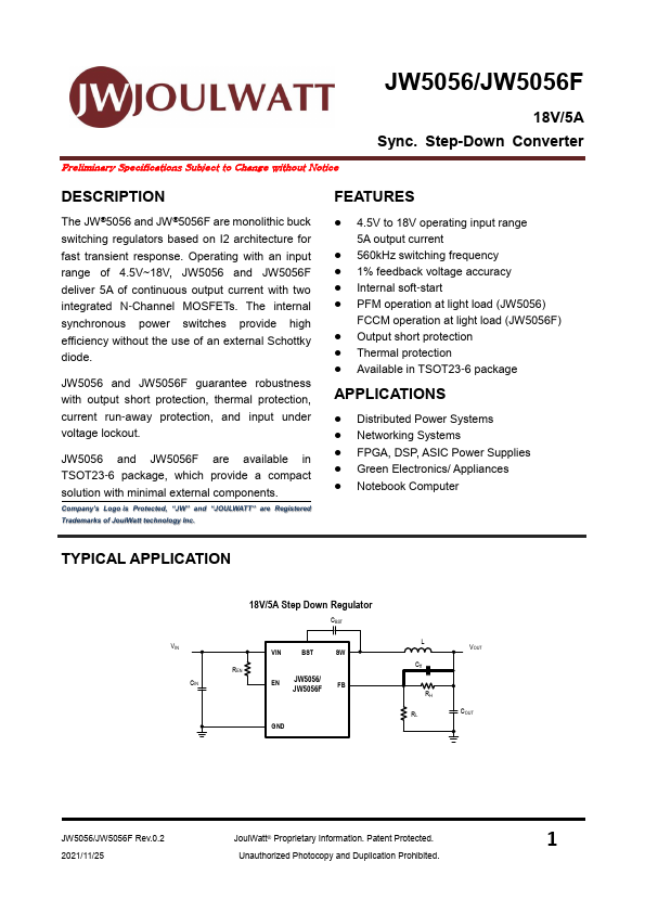 JW5056 18V/5A Sync. Step-Down Converter by JoulWatt - Datasheet Preview