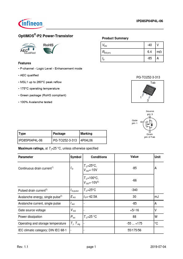 IPD85P04P4L-06 Datasheet Preview