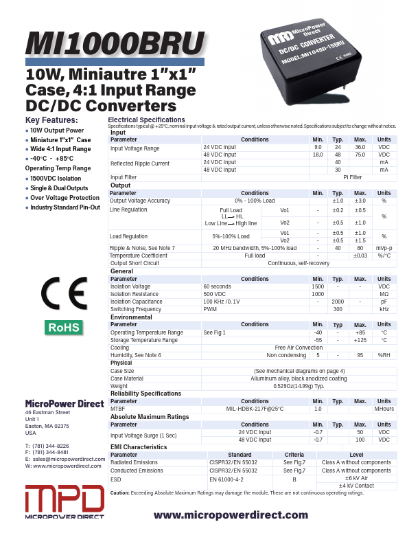 MI1048D-12BRU 4:1 Input Range DC/DC Converters by MicroPower Direct - Datasheet Preview
