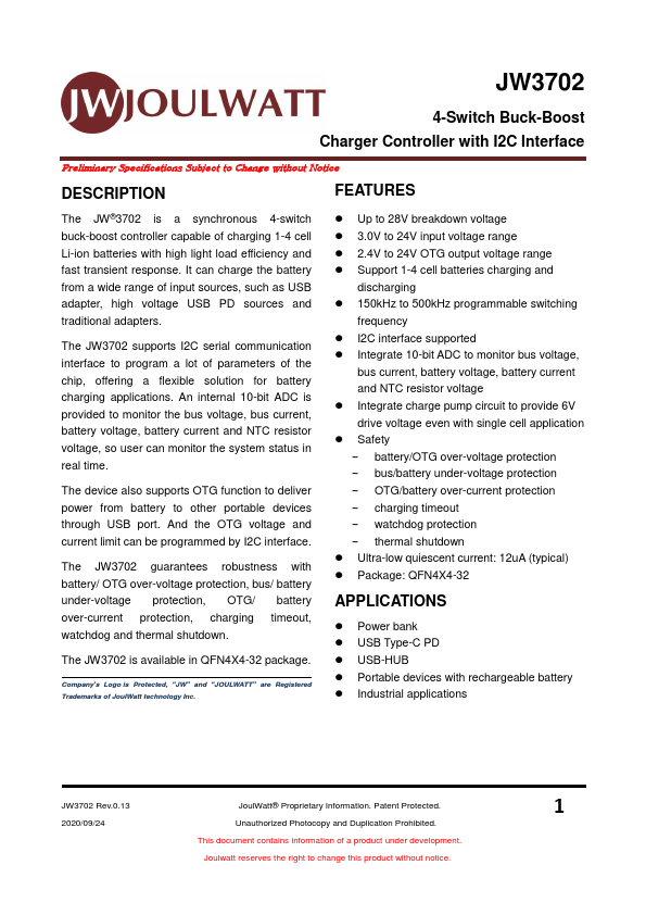 JW3702 4-Switch Buck-Boost Charger Controller by JoulWatt - Datasheet Preview