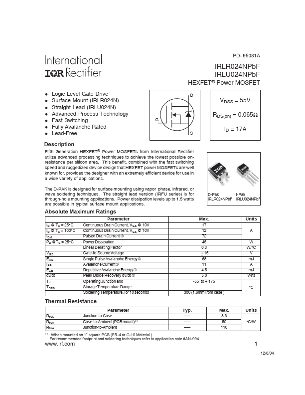 IRLU024NPBF Datasheet Preview
