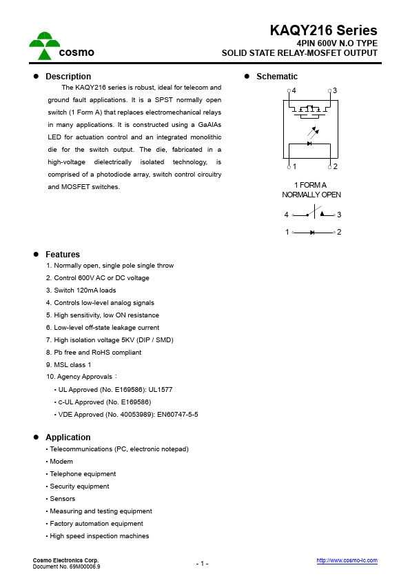 KAQY216S SOLID STATE RELAY-MOSFET by Cosmo - Datasheet Preview