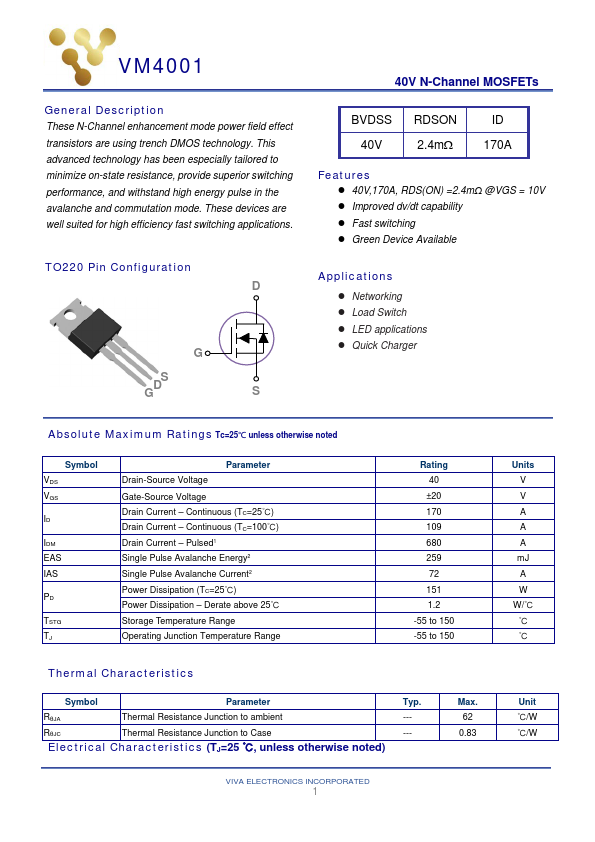 VM4001 40V N-Channel MOSFET by Viva Electronics - Datasheet Preview