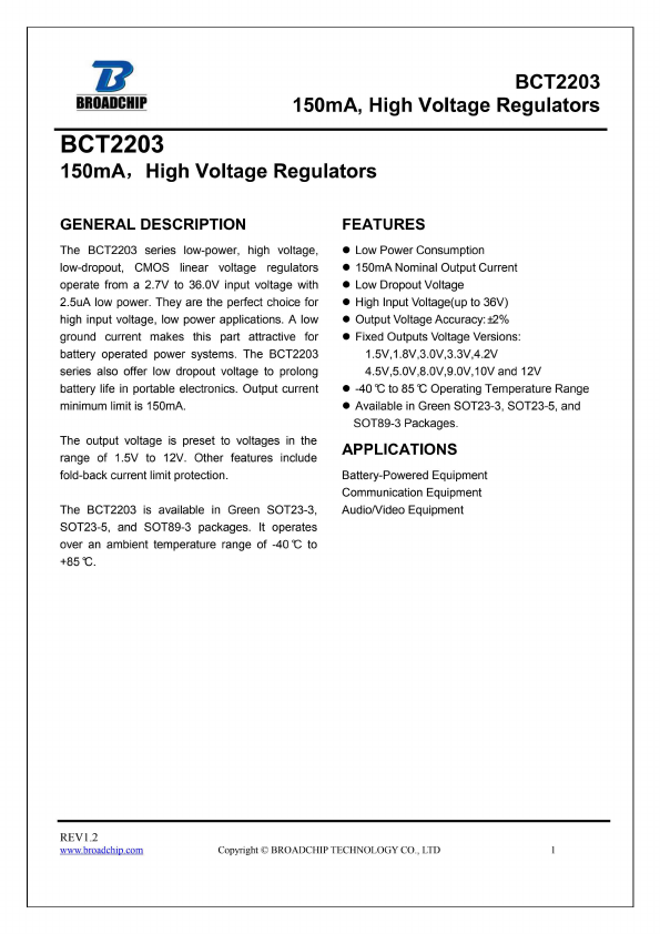 BCT2203 150mA High Voltage Regulators by BROADCHIP - Datasheet Preview