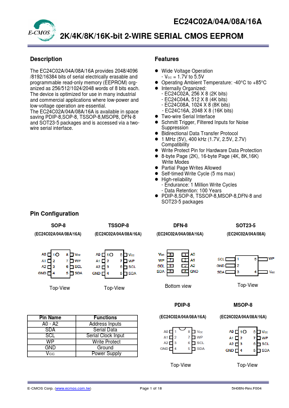 EC24C08A 8K-bit 2-WIRE SERIAL CMOS EEPROM by E-CMOS - Datasheet Preview
