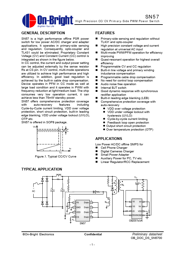 SN57CPA High Precision CC/CV Primary-Side PWM Power Switch by On-Bright Electronics - Datasheet Preview