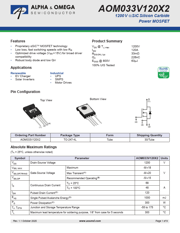 AOM033V120X2 1200V Silicon Carbide Power MOSFET by Alpha & Omega Semiconductors - Datasheet Preview