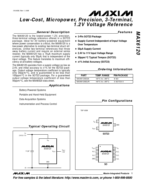 MAX6120 3-Terminal 1.2V Voltage Reference by Maxim Integrated - Datasheet Preview