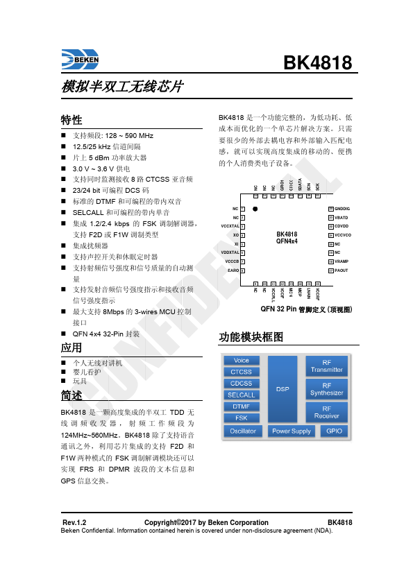 BK4818 Simulated half-duplex wireless chip by BEKEN - Datasheet Preview