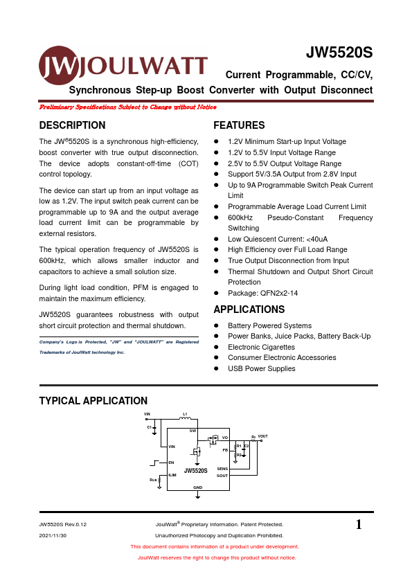 JW5520S Synchronous Step-up Boost Converter by JoulWatt - Datasheet Preview