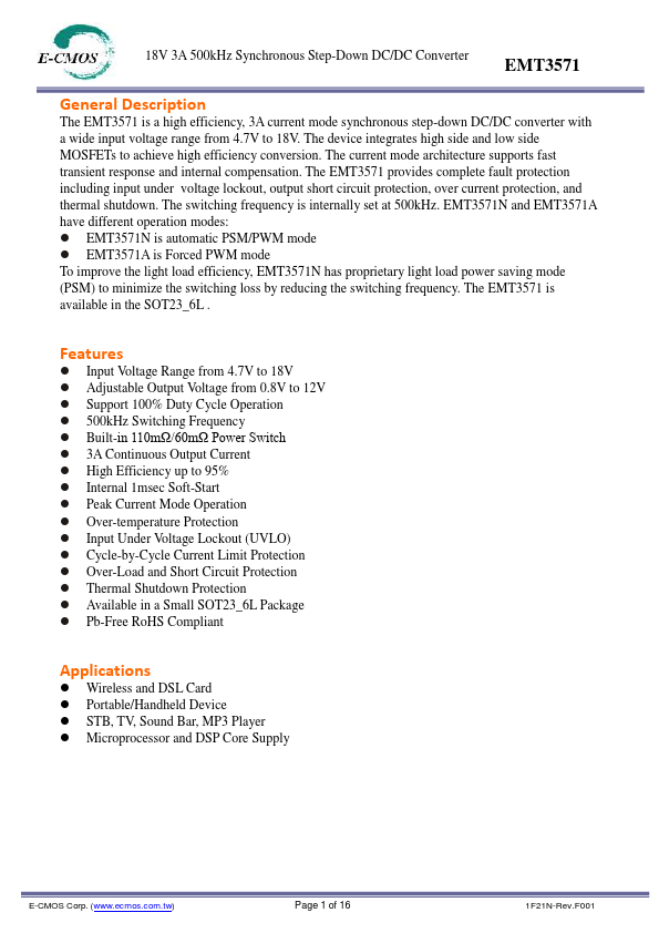 EMT3571 18V 3A 500kHz Synchronous Step-Down DC/DC Converter by E-CMOS - Datasheet Preview