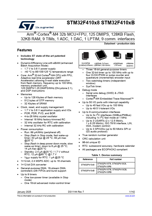 STM32F410T8 Datasheet Preview