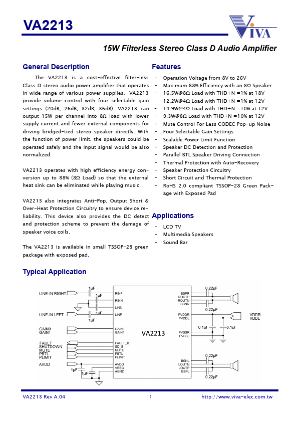 VA2213 15W Filterless Stereo Class D Audio Amplifier by Viva Electronics - Datasheet Preview