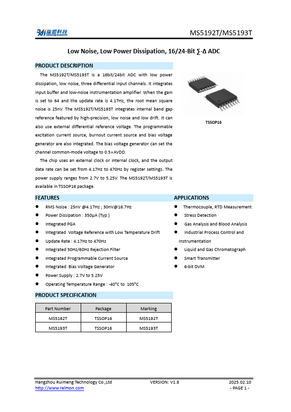 MS5193T 16-/24-Bit ADC by Ruimeng - Datasheet Preview