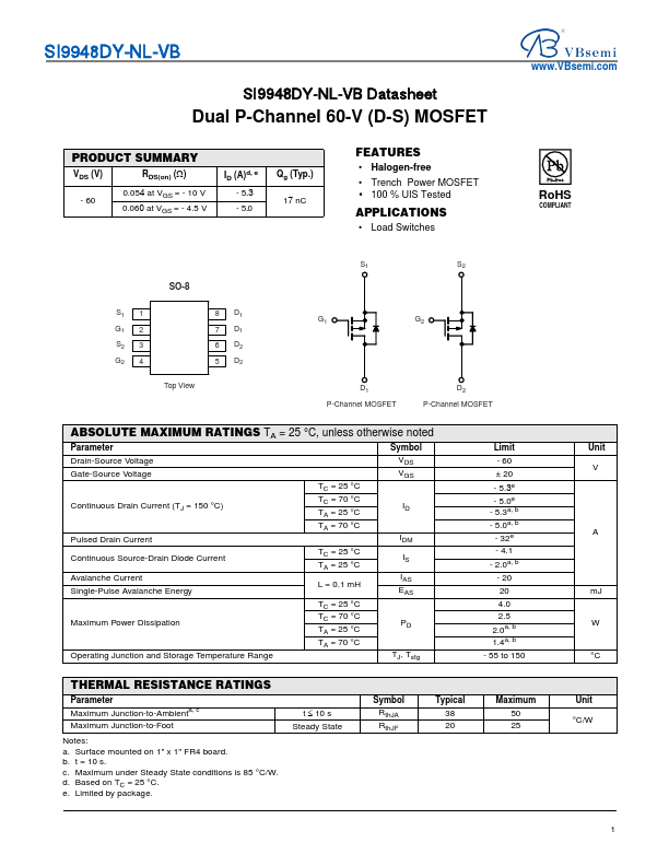 SI9948DY-NL Dual P-Channel 60V MOSFET by VBsemi - Datasheet Preview