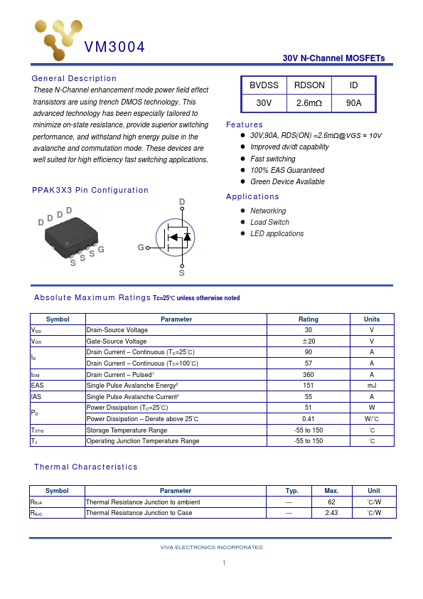 VM3004 30V N-Channel MOSFET by Viva Electronics - Datasheet Preview