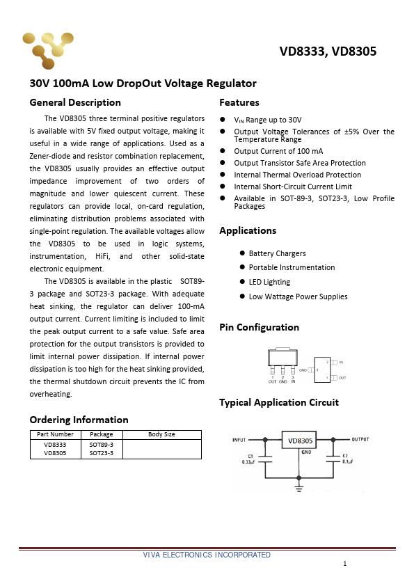 VD8305 30V 100mA Low DropOut Voltage Regulator by Viva Electronics - Datasheet Preview
