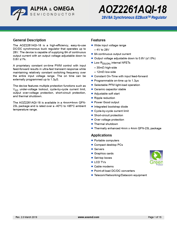 AOZ2261AQI-18 28V/8A Synchronous Regulator by Alpha & Omega Semiconductors - Datasheet Preview