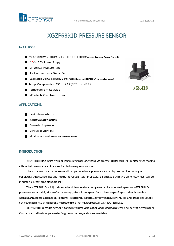 XGZP6891D Calibrated Pressure Sensor by CFSensor - Datasheet Preview