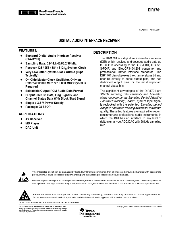 DIR1701 DIGITAL AUDIO INTERFACE RECEIVER by Burr-Brown - Datasheet Preview