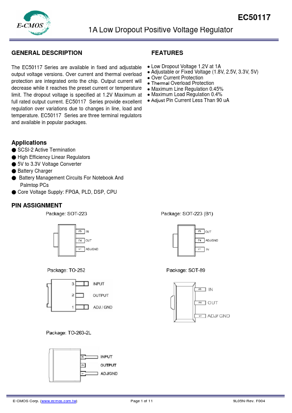 EC50117 1A Low Dropout Positive Voltage Regulator by E-CMOS - Datasheet Preview