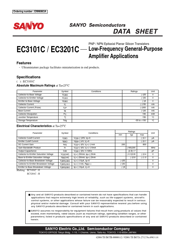EC3101C PNP Epitaxial Planar Silicon Transistors by SANYO - Datasheet Preview