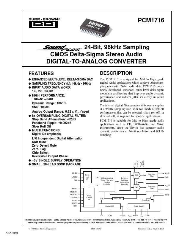 PCM1716 24-Bit Stereo Audio DIGITAL-TO-ANALOG CONVERTER by Burr-Brown - Datasheet Preview
