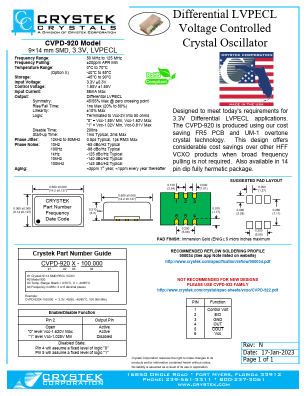 CVPD-920 Differential LVPECL Voltage Controlled Crystal Oscillator by Crystek - Datasheet Preview