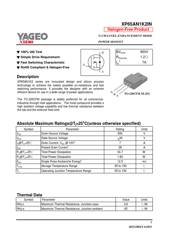 XP65AN1K2IN Datasheet Preview