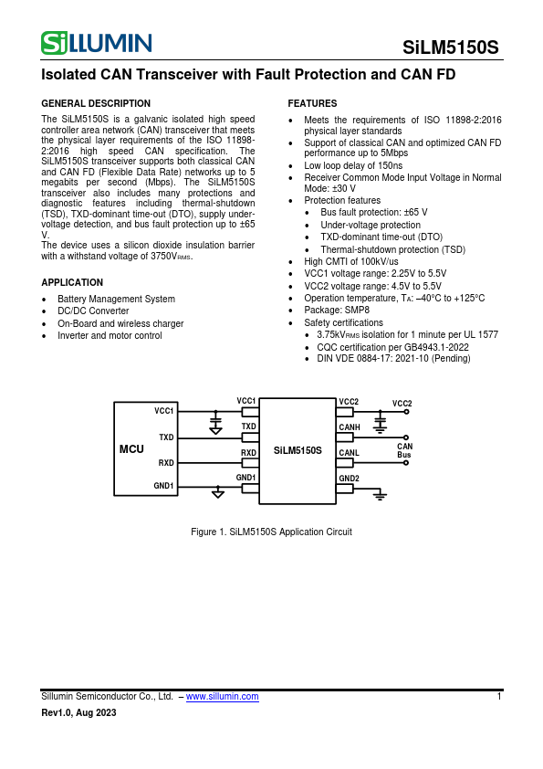SiLM5150S Isolated CAN Transceiver by Sillumin - Datasheet Preview