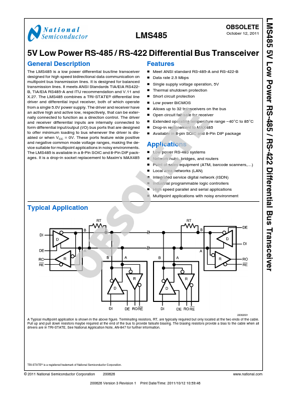 LMS485 5V Low Power RS-485 / RS-422 Differential Bus Transceiver by National Semiconductor - Datasheet Preview