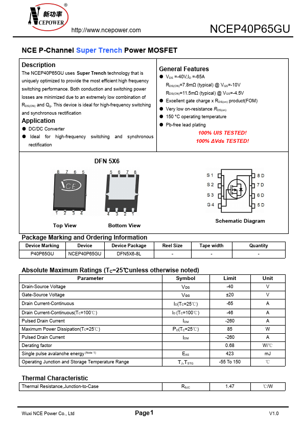 NCEP40P65GU Datasheet Preview