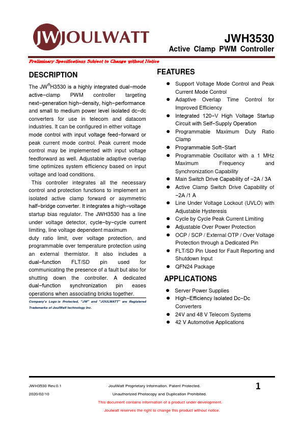 JWH3530 Active Clamp PWM Controller by JoulWatt - Datasheet Preview