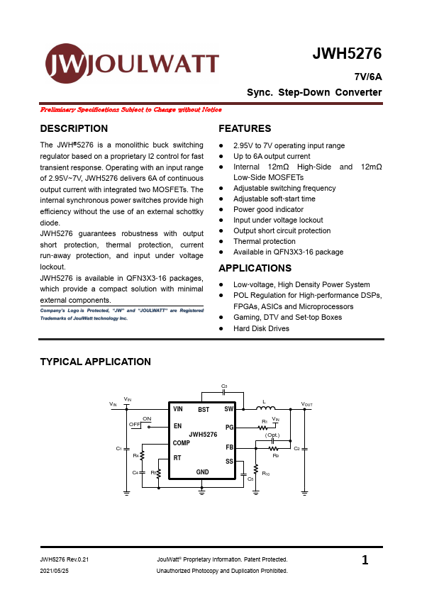 JWH5276 7V/6A Sync. Step-Down Converter by JoulWatt - Datasheet Preview
