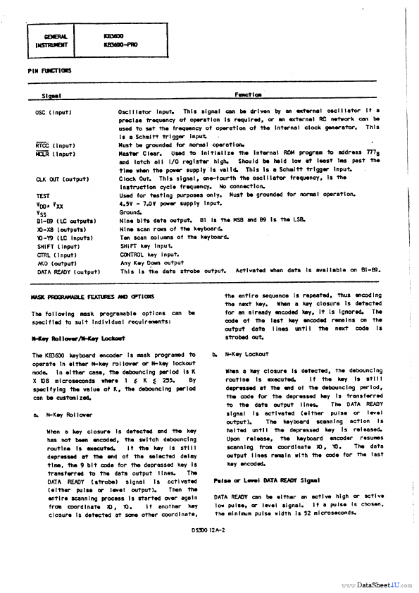 KB3600 Datasheet General Semiconductor Programmable Microcomputer 