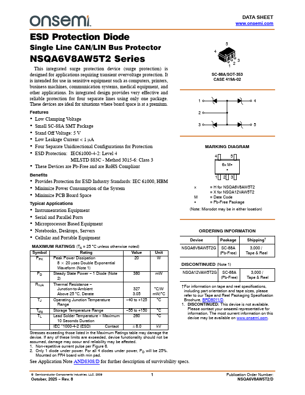 NSQA6V8AW5T2 ESD Protection Diode by ON Semiconductor - Datasheet Preview