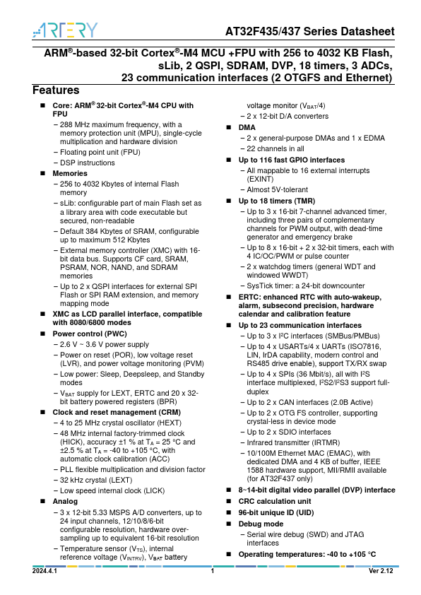 AT32F437VMT7 datasheet page 1 preview