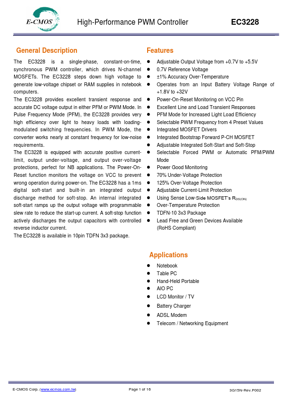 EC3228 High-Performance PWM Controller by E-CMOS - Datasheet Preview