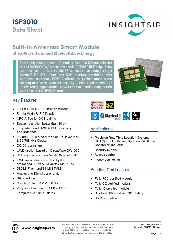 ISP3010 Built-in Antennas Ultra-Wide Band and Bluetooth Low Energy Smart Module by Insight SiP - Datasheet Preview